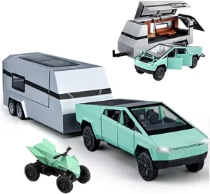 Truck with Sound/Light/Pull Back/Realistic Interior Exterior$Ideal Toy Car Vehicle Gifts (1/24 basin Green Pickup Trailer RV) Pickup Trailer RV Model$ Metal Pick-Up Truck Trailer Toy with Motorcycle$ Toy 