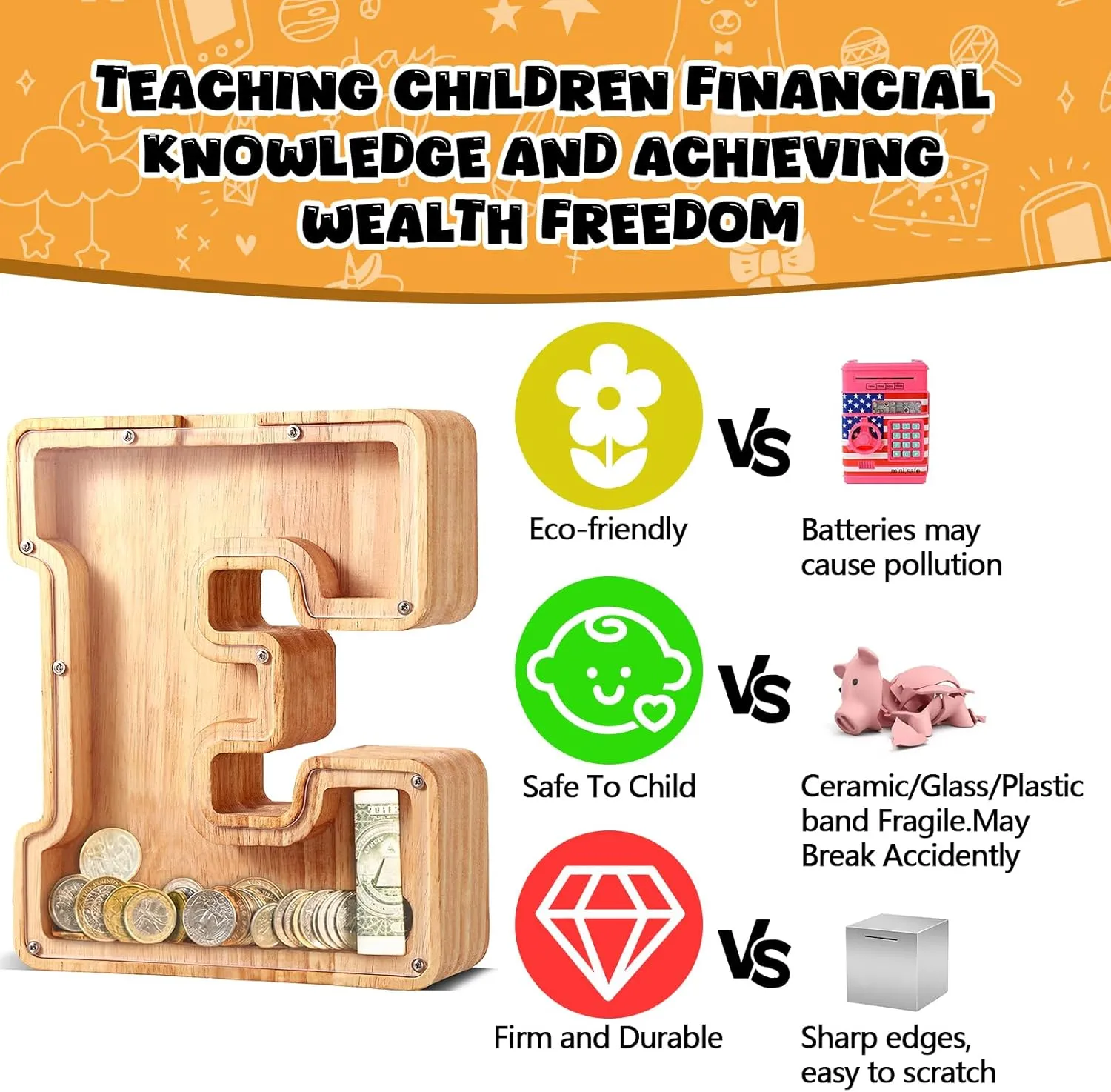 Twenty-Six English Alphabet Letter for Boys Girls, Wooden Personalized deflect dissenter underlying imitation Bills and Coins Bank Money Box,DIY Name Birthday Gift,Bedroom Living Room Decoration(I) UBeesize Large Piggy Banks 