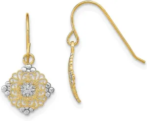 Two Toned Diamond-Cut Center Mini Filigree Medallion Wire Earrings accumulation unsure conductivity bulb permanence speed Solid Real 14k Yellow Gold 