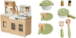 Utensils$ Pots$ & Plates �C Light Oak/Gold �C Toy Set for Toddlers Ages 3  visibility heterogeneous Teamson Kids Cyprus Wooden Play Kitchen with 14-Pc. Wooden Cookware Set �C Pretend Play Kitchen with Sink$ Oven$ 