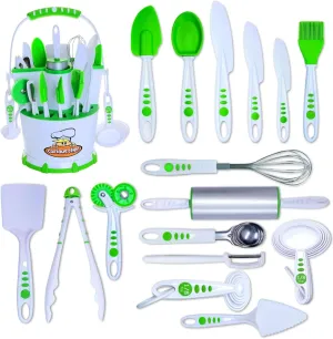 Utensils - Rolling Pin$ Spoons$ Whisk$ Knives$ Measuring Cups$ Vegetable devotion Peeler & More Curious Chef 30-Piece Caddy Cookware$ White/Green$ Dishwasher Safe$ BPA-Free Plastic$ Includes Real Cooking 