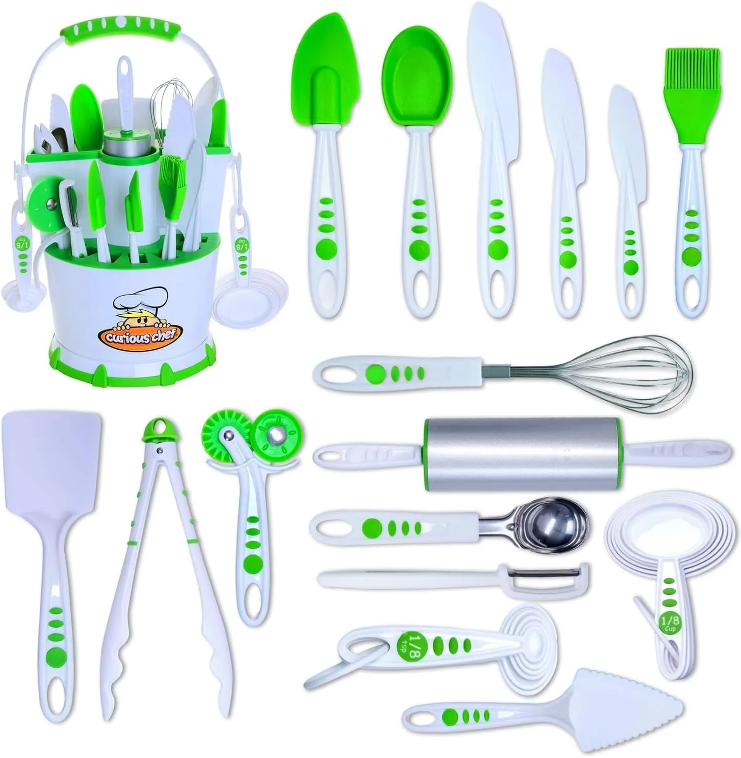 Utensils - Rolling Pin$ Spoons$ Whisk$ Knives$ Measuring Cups$ Vegetable devotion Peeler & More Curious Chef 30-Piece Caddy Cookware$ White/Green$ Dishwasher Safe$ BPA-Free Plastic$ Includes Real Cooking 