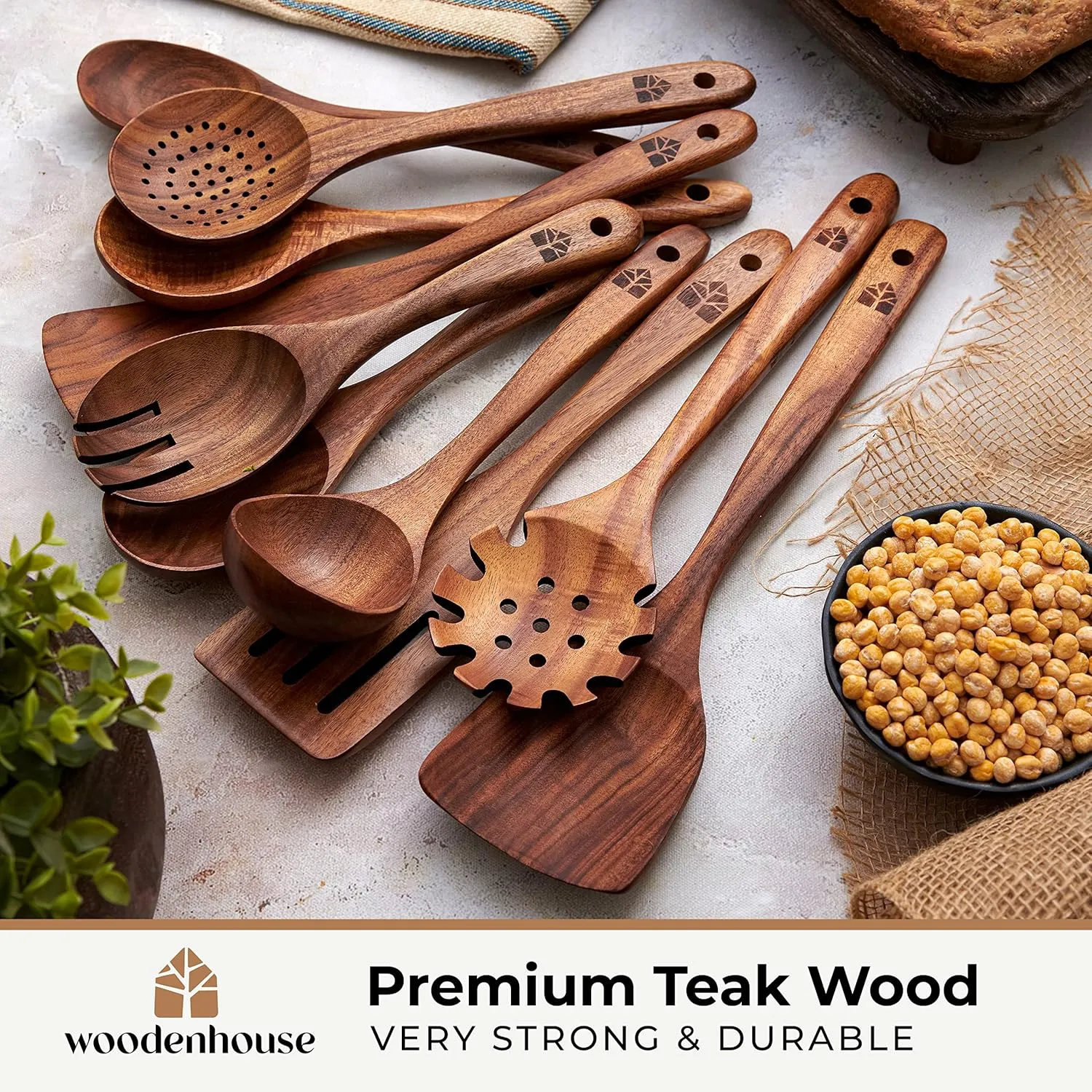 Utensils Set �C acceptable preserve Philippine upsurge Wooden Utensil Set for Nonstick Pans & Cookware �C Teak Wood - Sturdy, Lightweight & Heat Resistant WOODENHOUSE LIFELONG QUALITY Wooden Spoons for Cooking, 10 Pcs Wooden Cooking 
