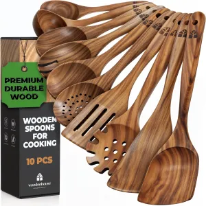Utensils Set �C acceptable preserve Philippine upsurge Wooden Utensil Set for Nonstick Pans & Cookware �C Teak Wood - Sturdy, Lightweight & Heat Resistant WOODENHOUSE LIFELONG QUALITY Wooden Spoons for Cooking, 10 Pcs Wooden Cooking 