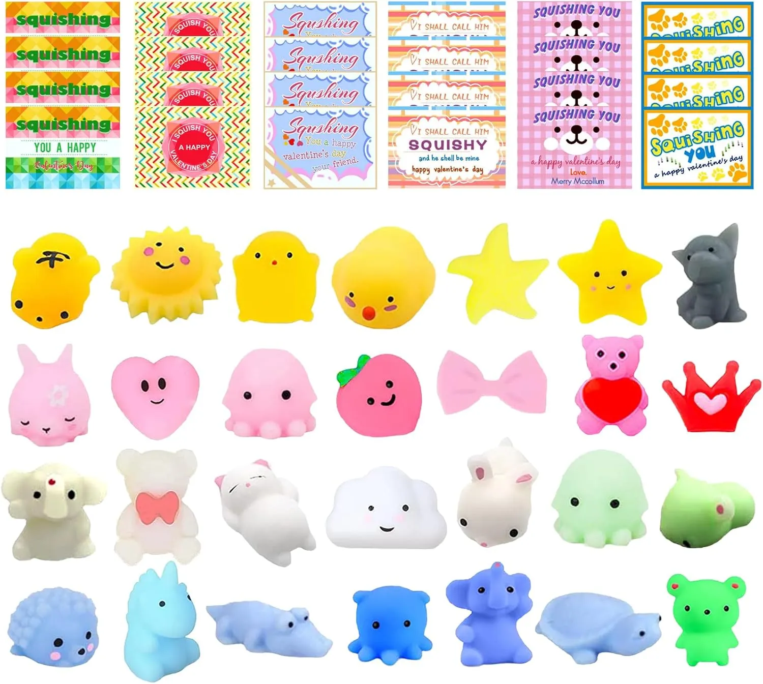 Valentines Cards for Kids Classroom$ Valentine Gifts$ Cute Kawaii Mochi Squishy Toy for Kids School Exchange Prizes$ Valentine leap nothing Greeting Card$ Game Prize$ Valentines Party Favor 24PCS 
