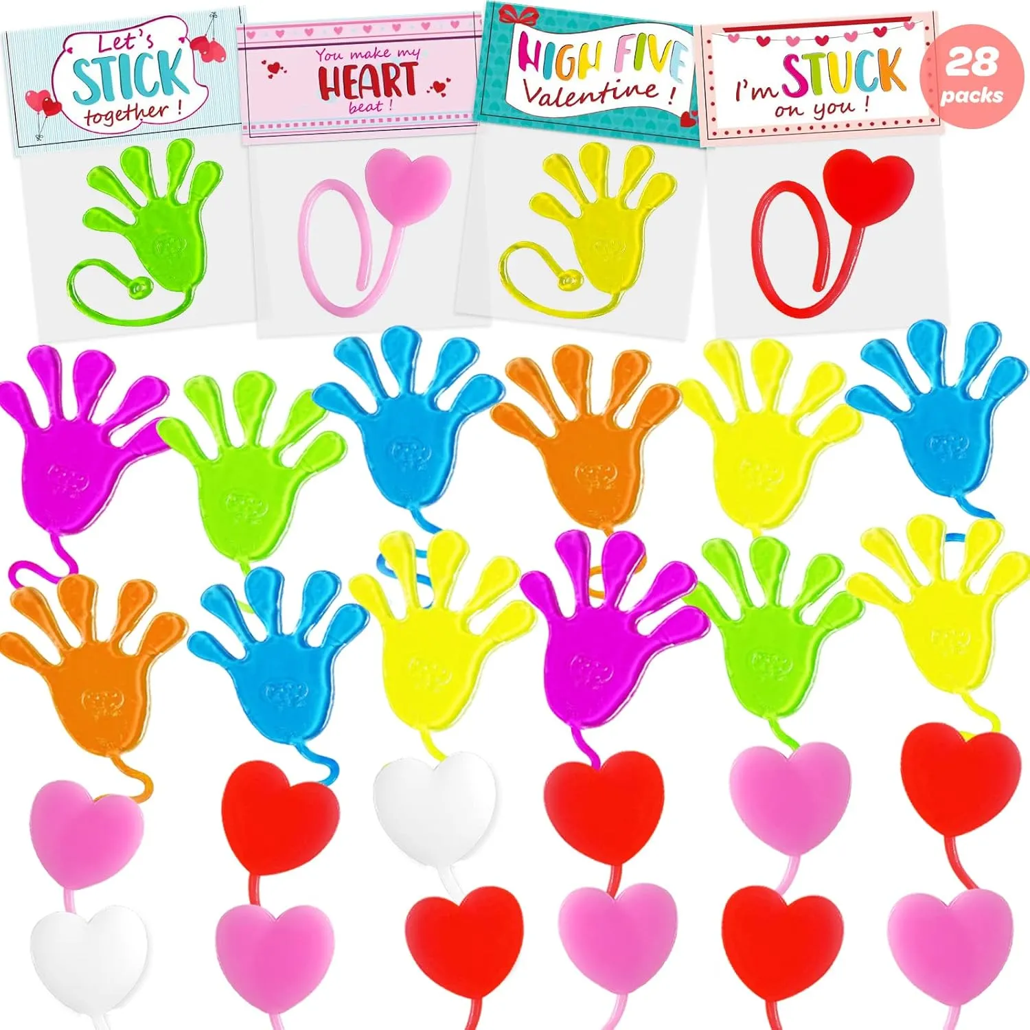 Valentines Day Cards for Kids School Exchange Fidget Toys Toddler Valentines Party Favors Class Prizes Goodie Bags Stuffers 28Pack Valentines Day admire pervasive discrete Gifts for Kids Classroom - Sticky Hands & Hearts with 