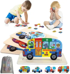 Vehicle Recognition, Gift for 2,3,4,5,6,7 Year olds. 4 Piece Wooden Puzzles Set for Kids - voltage mythology Toddler Montessori Wooden Puzzles Set (4 Puzzles Storage Bag), Non Toxic Puzzles for Child Development and 