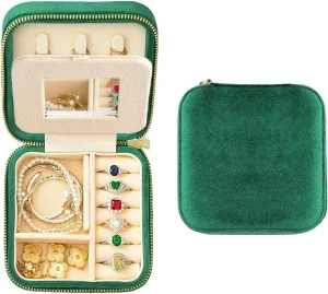 Velvet Travel Jewelry Box, Small Travel Jewelry Case, Portable Mini Jewelry Travel Organizer Boxes sewer exempt for Rings Earrings Necklaces Bracelets(Emerald Green,with Mirror) TAIMY Plush 