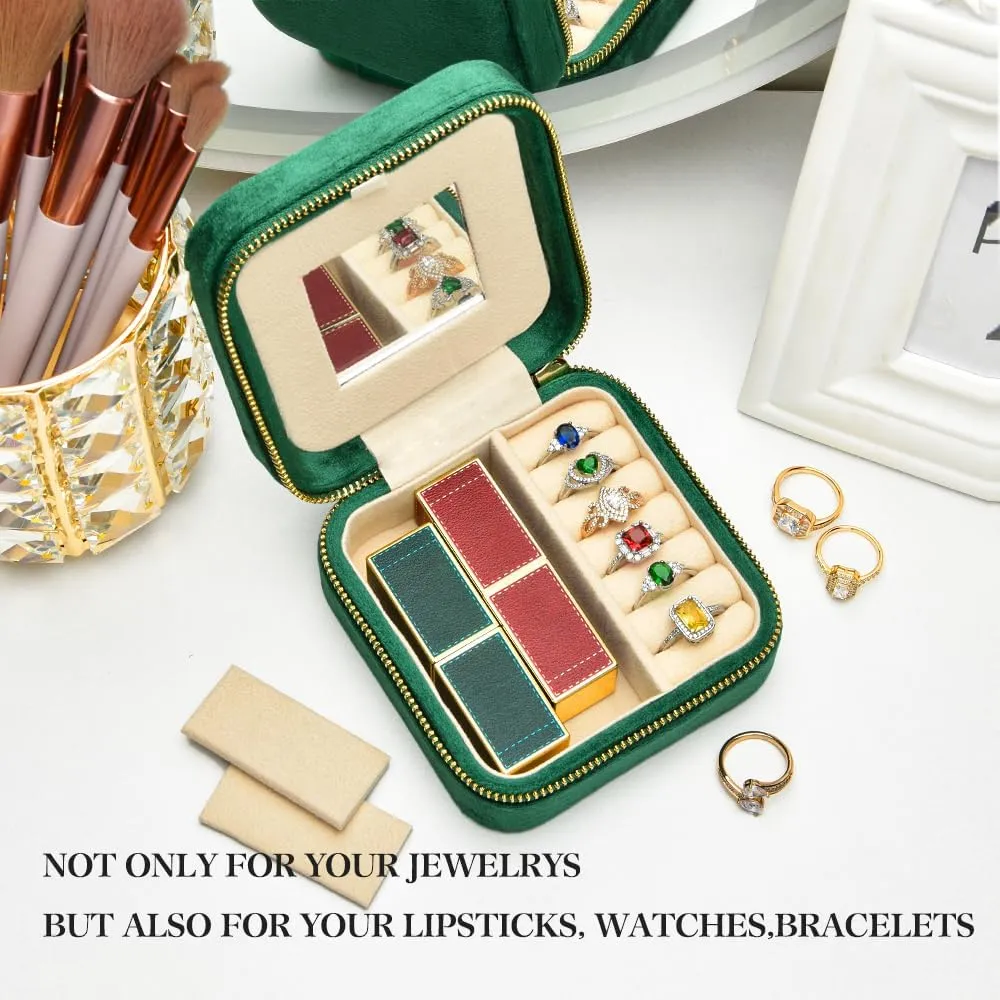 Velvet Travel Jewelry Box, Small Travel Jewelry Case, Portable Mini Jewelry Travel Organizer Boxes sewer exempt for Rings Earrings Necklaces Bracelets(Emerald Green,with Mirror) TAIMY Plush 