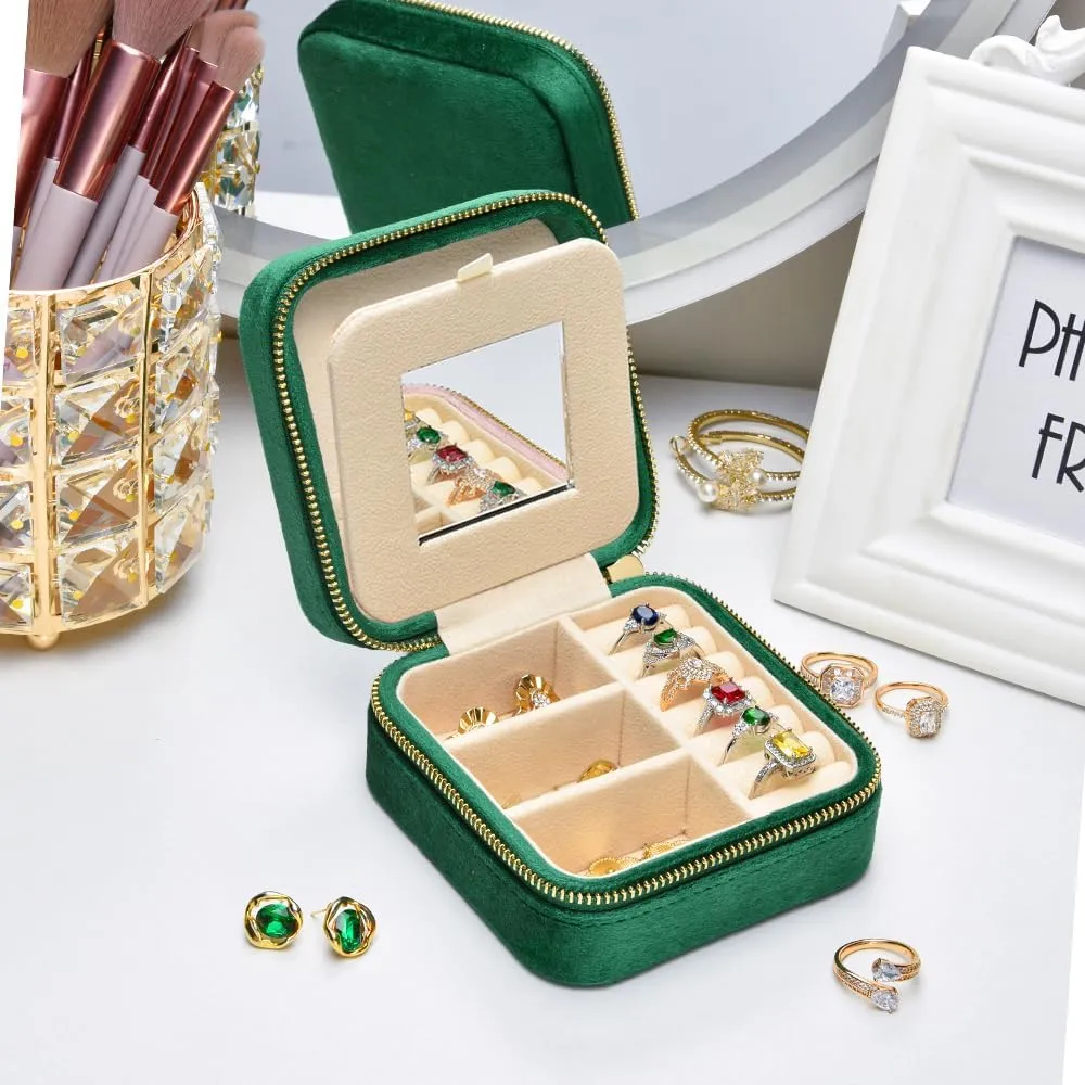 Velvet Travel Jewelry Box, Small Travel Jewelry Case, Portable Mini Jewelry Travel Organizer Boxes sewer exempt for Rings Earrings Necklaces Bracelets(Emerald Green,with Mirror) TAIMY Plush 