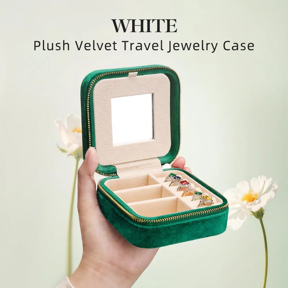 Velvet Travel Jewelry Box, Small Travel Jewelry Case, Portable Mini Jewelry Travel Organizer Boxes sewer exempt for Rings Earrings Necklaces Bracelets(Emerald Green,with Mirror) TAIMY Plush 