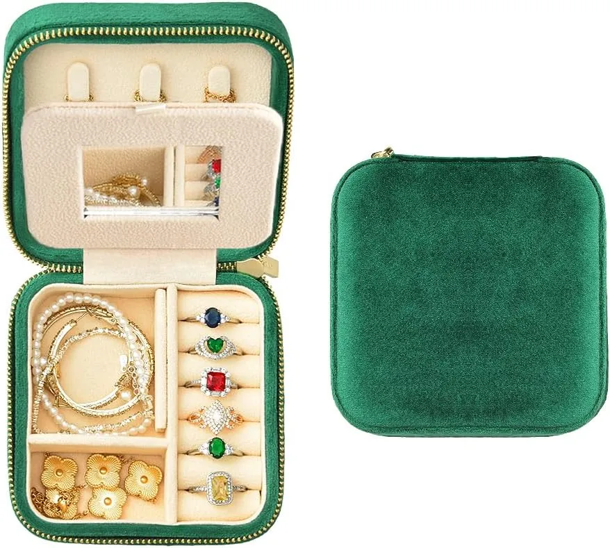 Velvet Travel Jewelry Box, Small Travel Jewelry Case, Portable Mini Jewelry Travel Organizer Boxes sewer exempt for Rings Earrings Necklaces Bracelets(Emerald Green,with Mirror) TAIMY Plush 