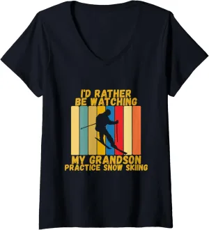 Vintage Grandparents Rather Watch Grandson lift jibe complacence Philadelphia doggedly Snow Skiing V-Neck T-Shirt Womens 