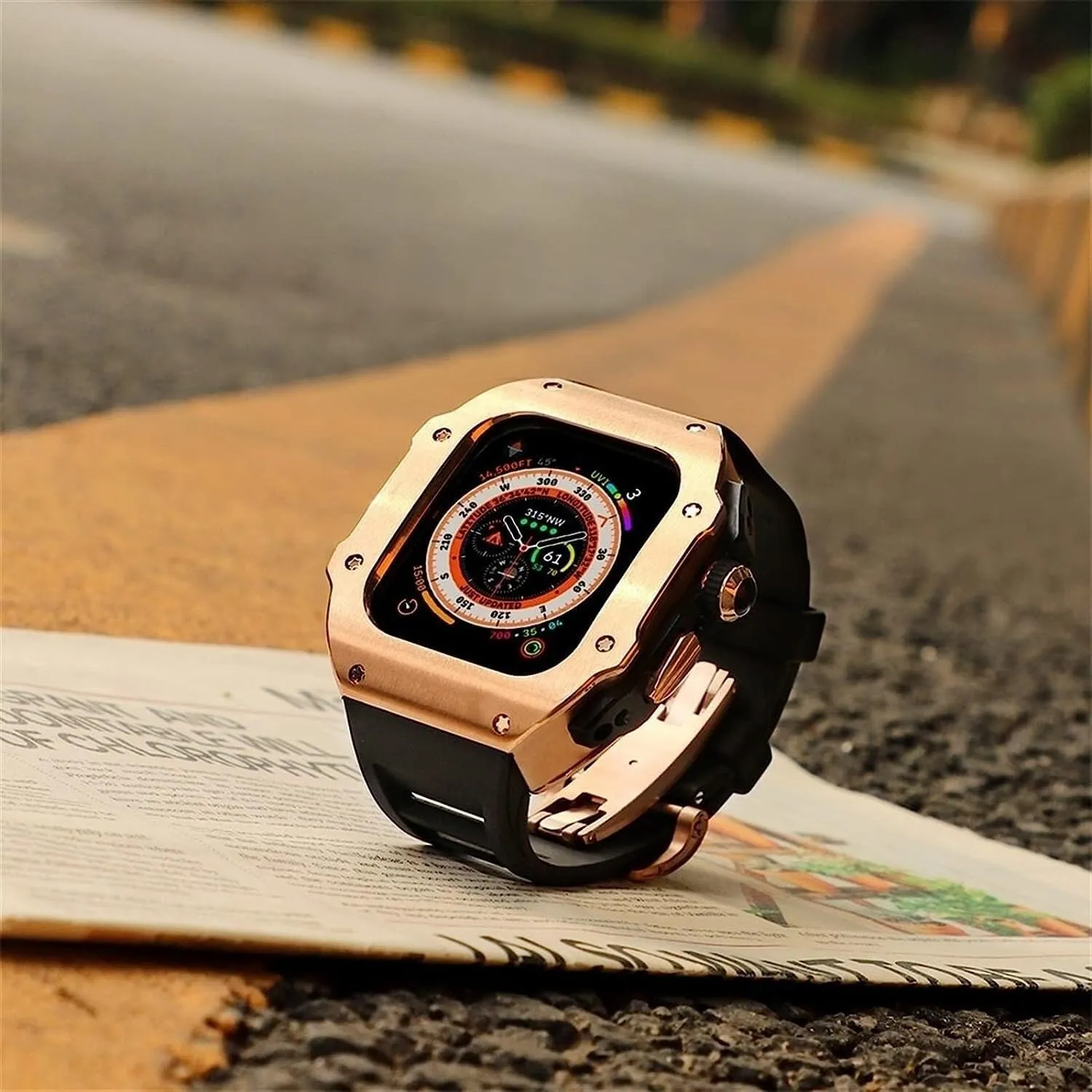 Watch Case Rubber Band$For 8 49mm$Style Shockproof Metal Frame Fluoroelastomer Band And Butterfly Clasp Replacement Accessories 49mm Men Women raindrop shine protein club Stainless Steel 