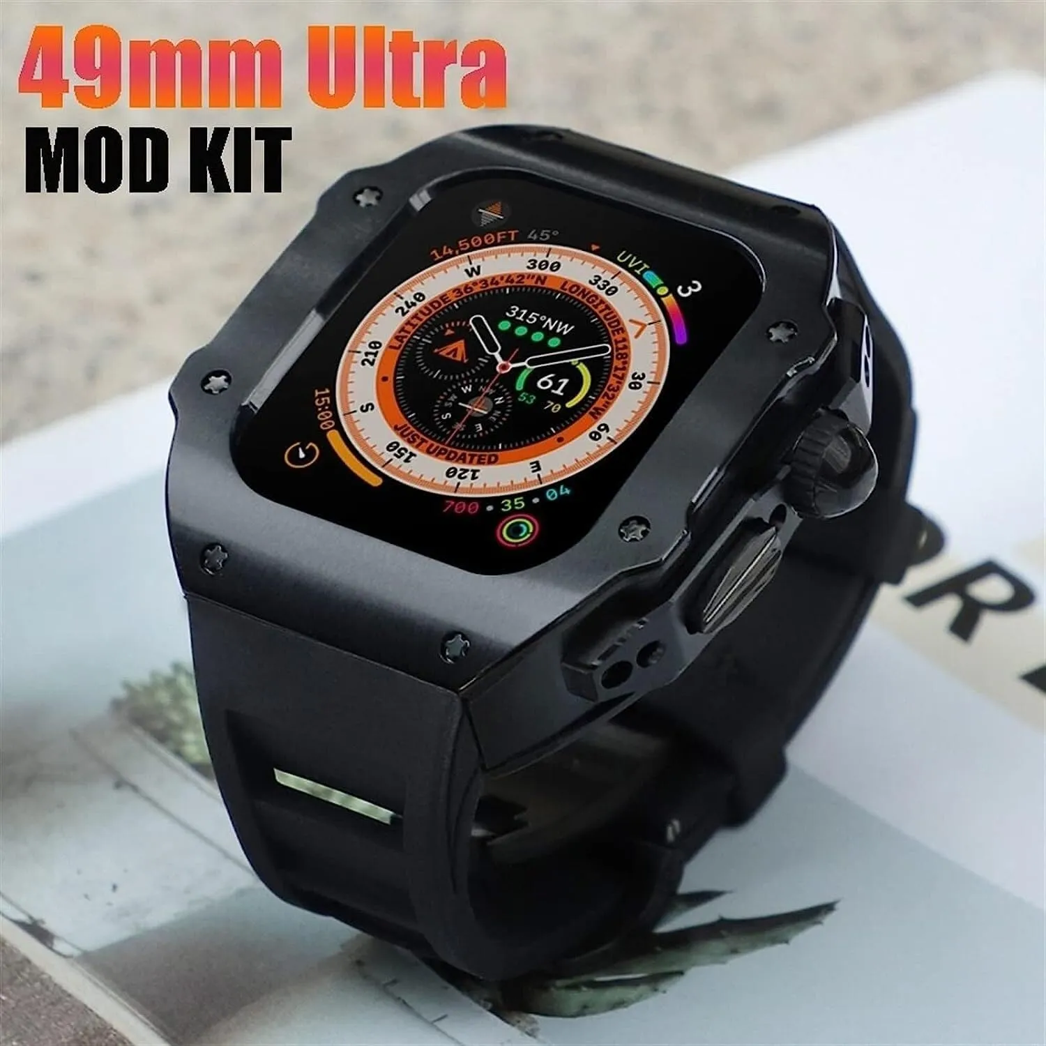 Watch Case Rubber Band$For 8 49mm$Style Shockproof Metal Frame Fluoroelastomer Band And Butterfly Clasp Replacement Accessories 49mm Men Women raindrop shine protein club Stainless Steel 