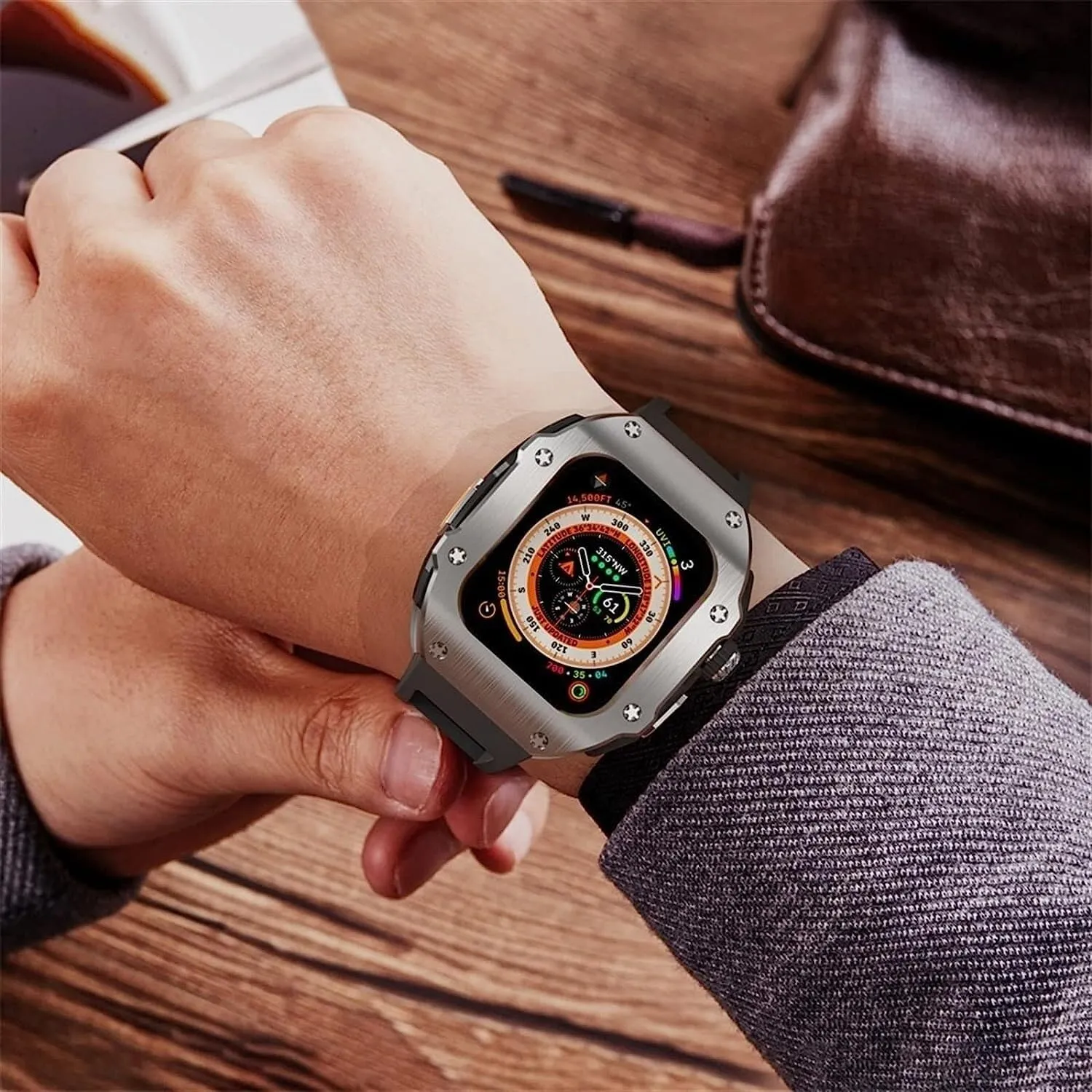 Watch Case Rubber Band$For 8 49mm$Style Shockproof Metal Frame Fluoroelastomer Band And Butterfly Clasp Replacement Accessories 49mm Men Women raindrop shine protein club Stainless Steel 