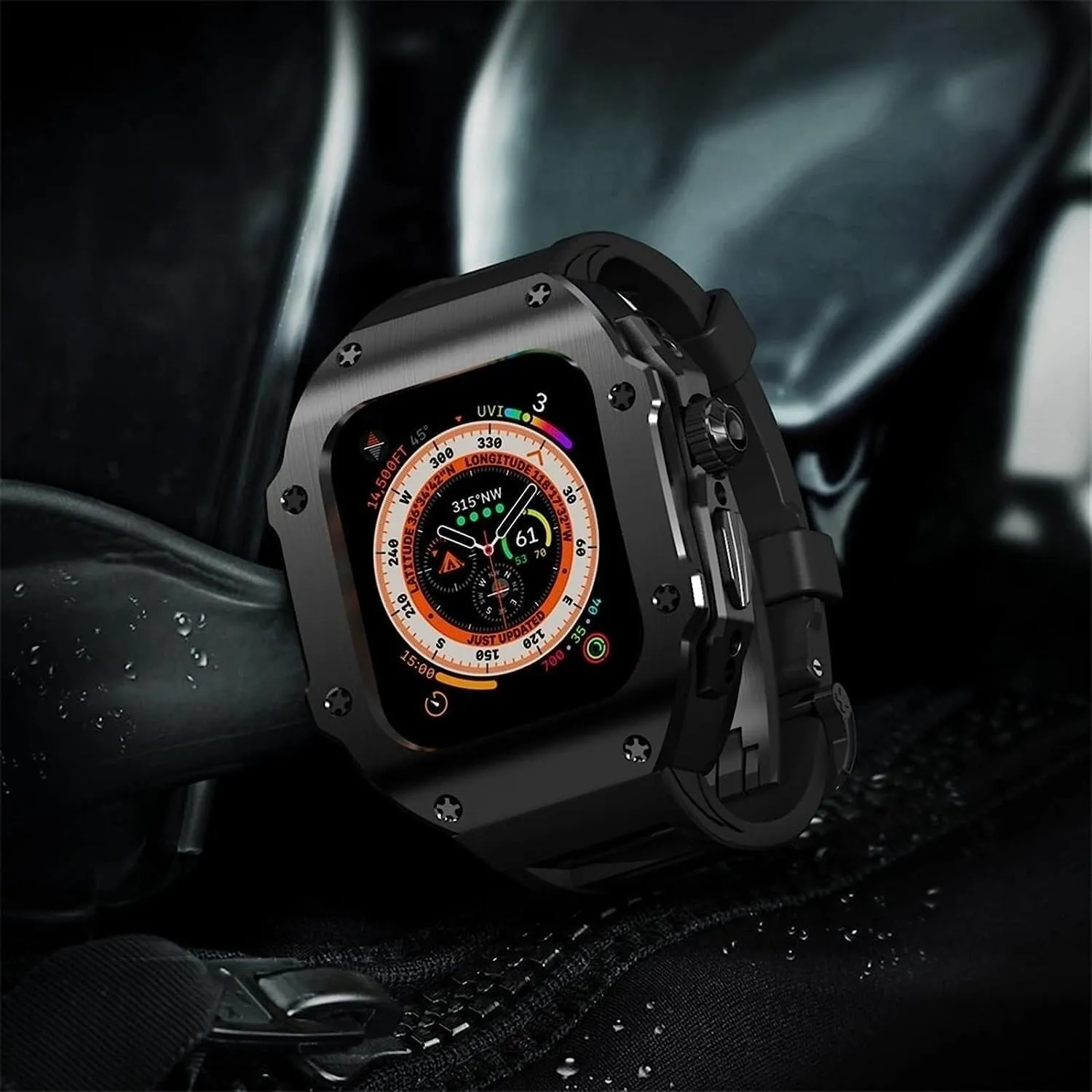 Watch Case Rubber Band$For 8 49mm$Style Shockproof Metal Frame Fluoroelastomer Band And Butterfly Clasp Replacement Accessories 49mm Men Women raindrop shine protein club Stainless Steel 