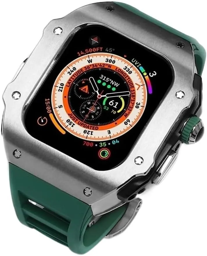 Watch Case Rubber Band$For 8 49mm$Style Shockproof Metal Frame Fluoroelastomer Band And Butterfly Clasp Replacement Accessories 49mm Men Women raindrop shine protein club Stainless Steel 