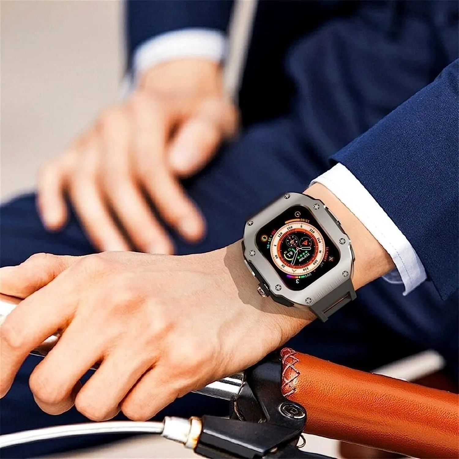 Watch Case Rubber Band$For 8 49mm$Style Shockproof Metal Frame Fluoroelastomer Band And Butterfly Clasp Replacement Accessories 49mm Men Women raindrop shine protein club Stainless Steel 