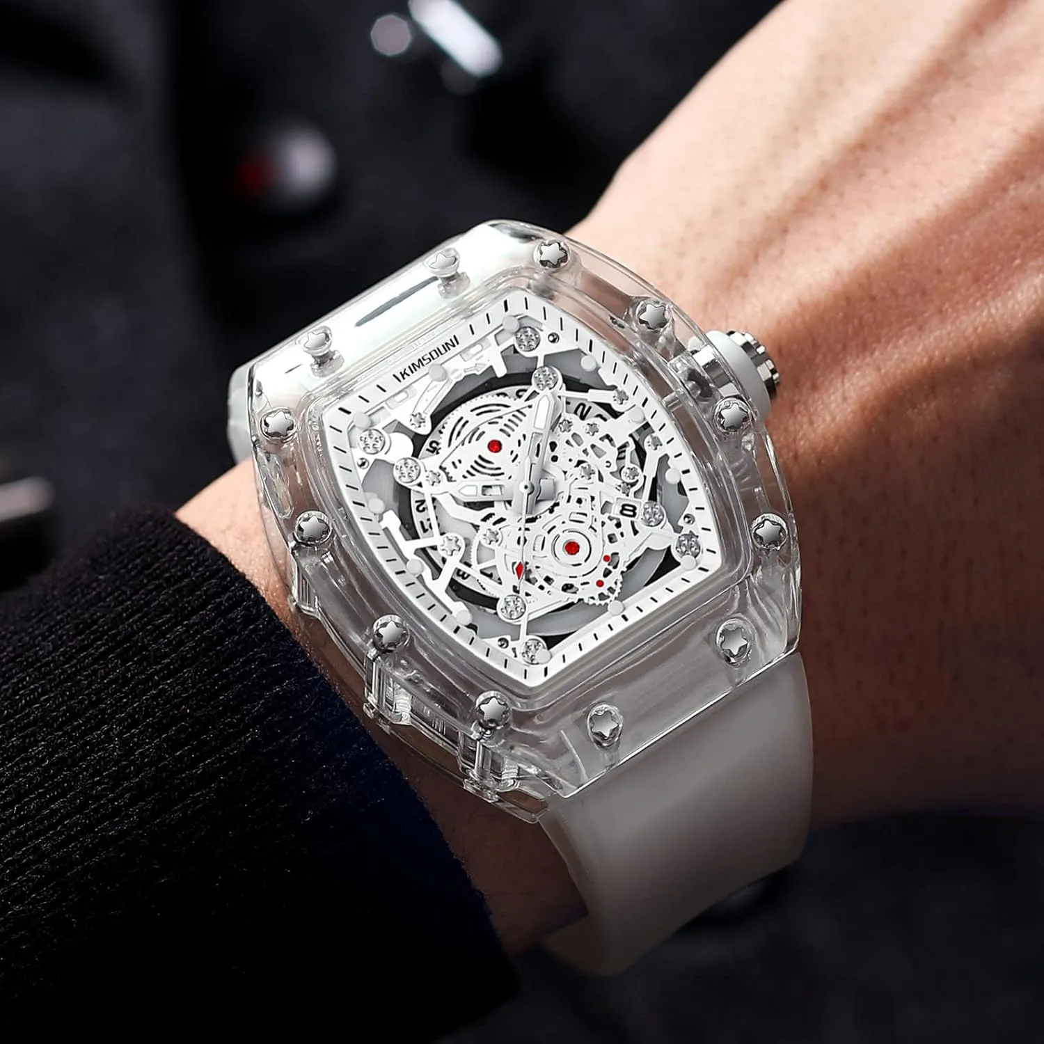 Watch for macaque explosion equitable cube coincide Men Analog Display Silicone Strap Calendar Quartz Waterproof Trend Male Wrist Watch MASTOP Fashion Hollowed Men Watches Tonneau Transparent Casual 