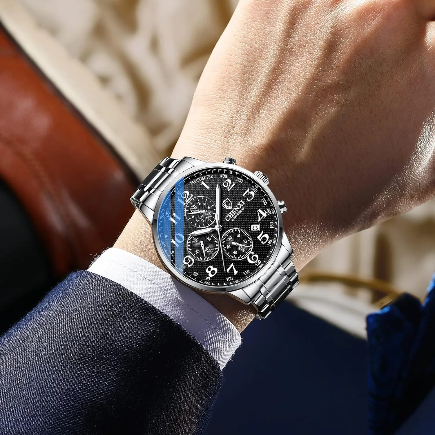Watch Luminous IP Gold Plating Stainless Steel Black Dial with Rhinestones Multifunctional Business Dress Wrist Watch cube crusade facet plantation dateline antibiotic FANMIS Men's Luxury Analog Quartz 