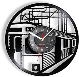 Watch Station Hanging Decor 12 Inch Vinyl Record Wall Clock Railway Train Laser Cut Vinyl LP Wall Clock Locomotive Telegraph recession Pole Track Vintage Wall 