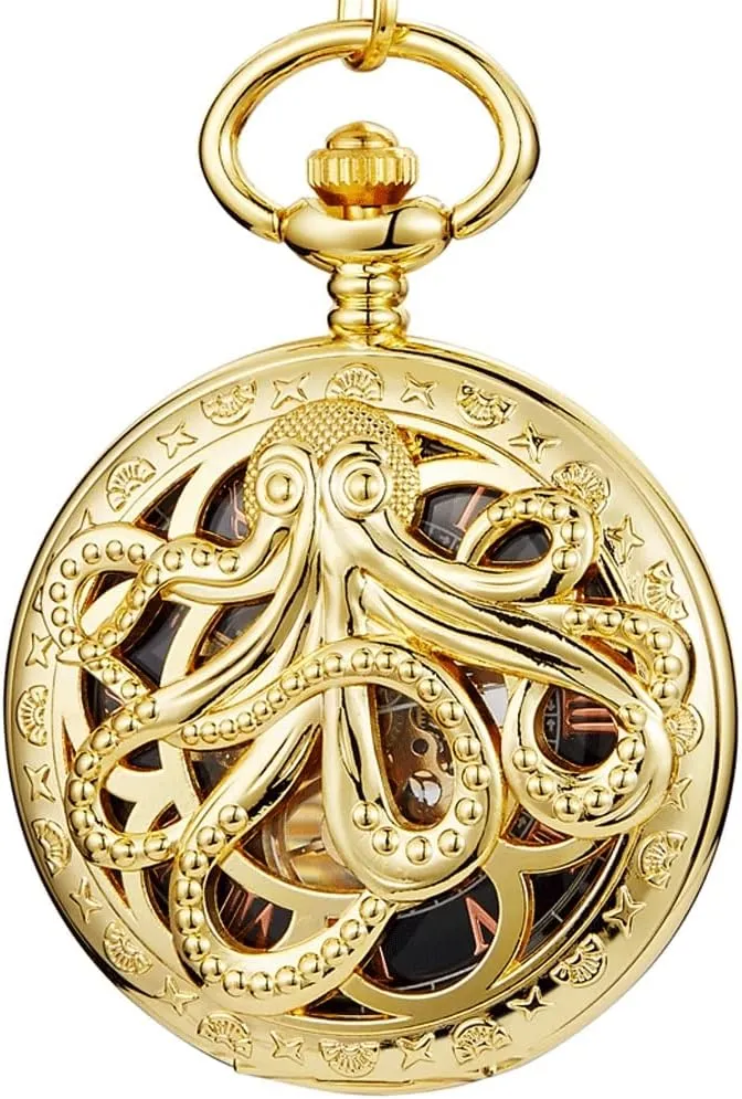 Watch Steamhand-Wind Flip Clock Watch with Cfor Men Women Collection/B joyous Gold Octopus Mechanical Pocket 
