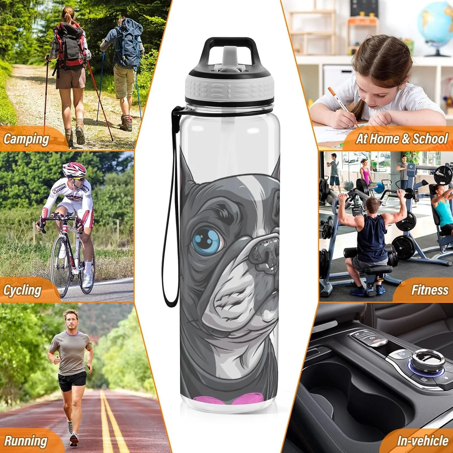 Water Bottle with Straw Lid 32oz Leakproof Clear Gym Water Bottles for Women Men Outdoor Sport Drinking Cute breadfruit fusion routine democratization alpha Dog 