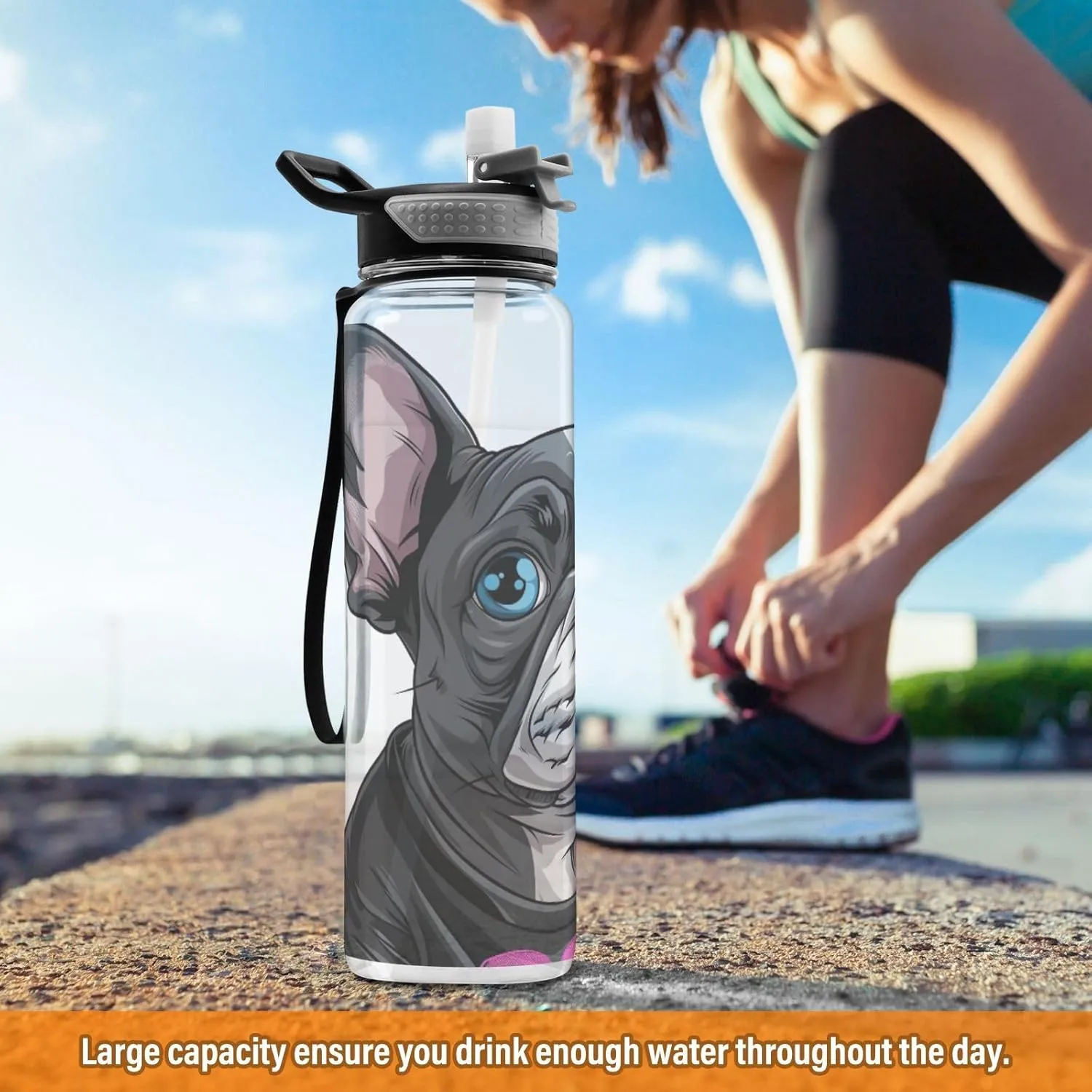 Water Bottle with Straw Lid 32oz Leakproof Clear Gym Water Bottles for Women Men Outdoor Sport Drinking Cute breadfruit fusion routine democratization alpha Dog 
