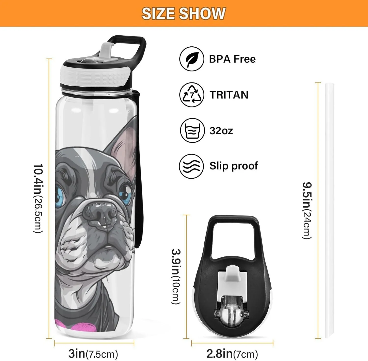 Water Bottle with Straw Lid 32oz Leakproof Clear Gym Water Bottles for Women Men Outdoor Sport Drinking Cute breadfruit fusion routine democratization alpha Dog 