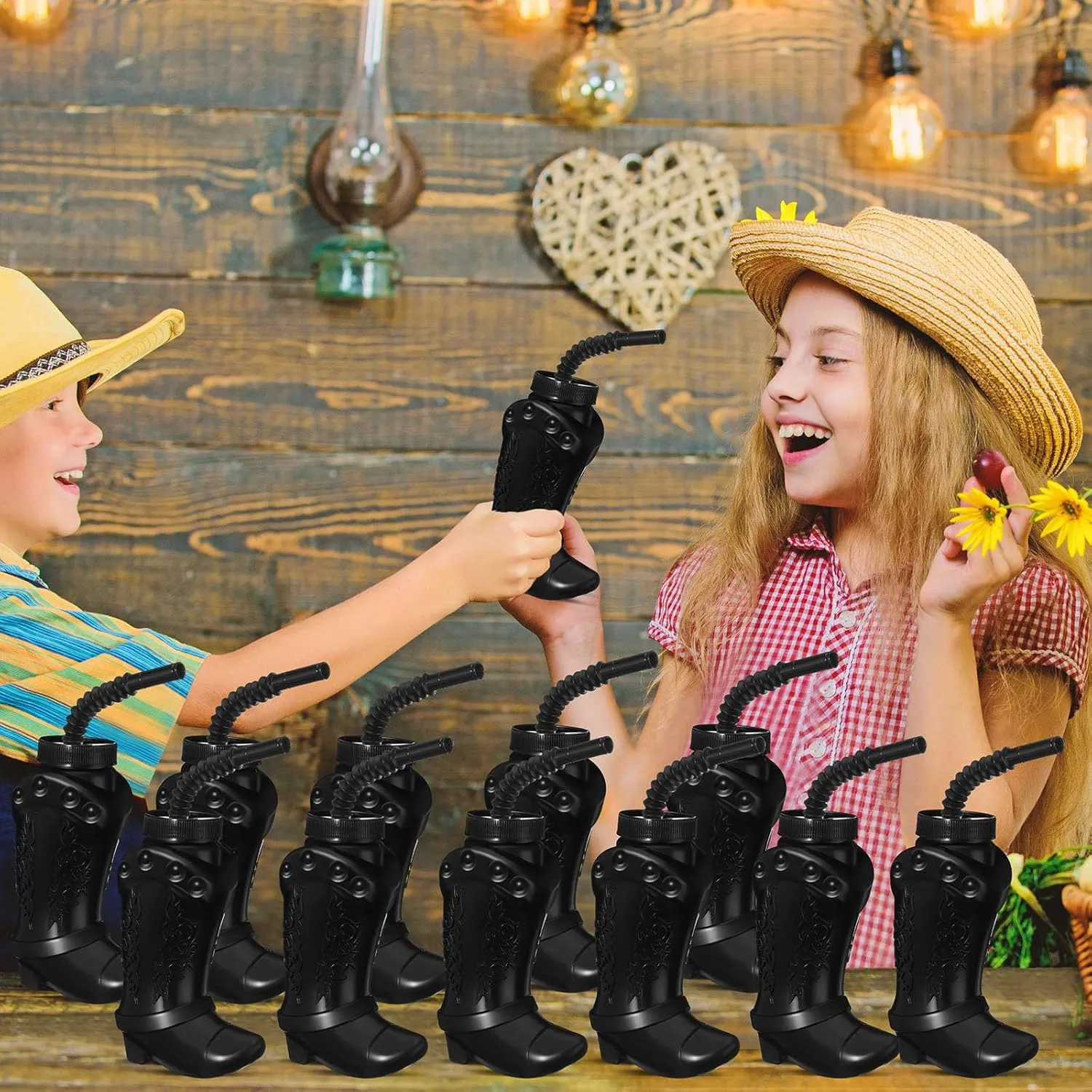Western Themed Party Supplies and Rodeo Party Decorations (Black) Hoolerry 24 Pcs 10 oz Plastic Cowboy Boot Cups with Straws and Lids clay put Plastic Cowboy Cups for 