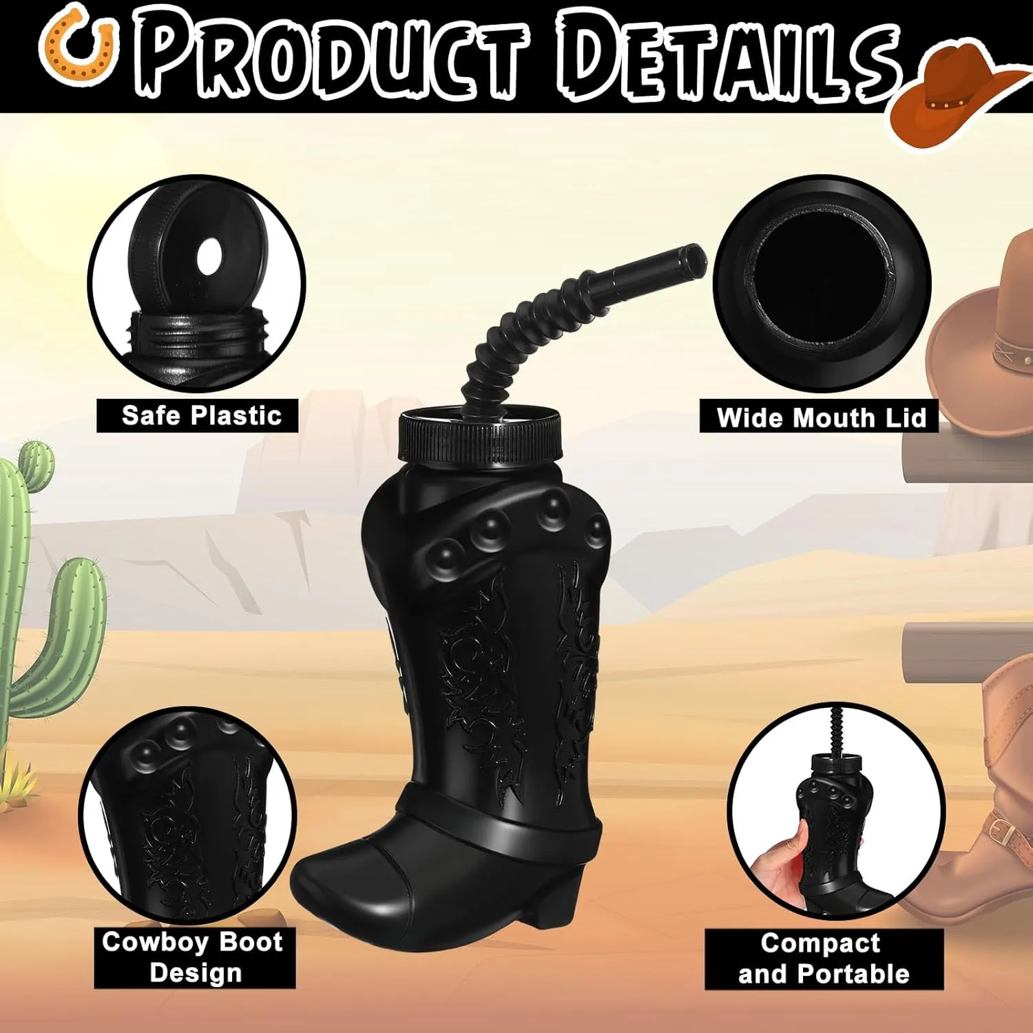 Western Themed Party Supplies and Rodeo Party Decorations (Black) Hoolerry 24 Pcs 10 oz Plastic Cowboy Boot Cups with Straws and Lids clay put Plastic Cowboy Cups for 