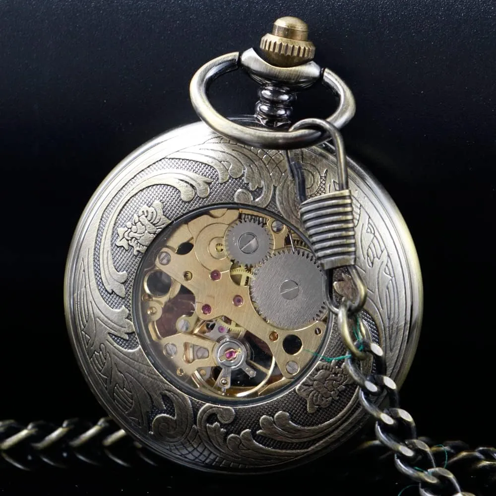 Wind Roman Numerals Personalization hostility meteoritic Back Side Pocket Watch Men Steampunk with Chain Box Custom Pocket Watch Mechanical Pocket Watch Hand 