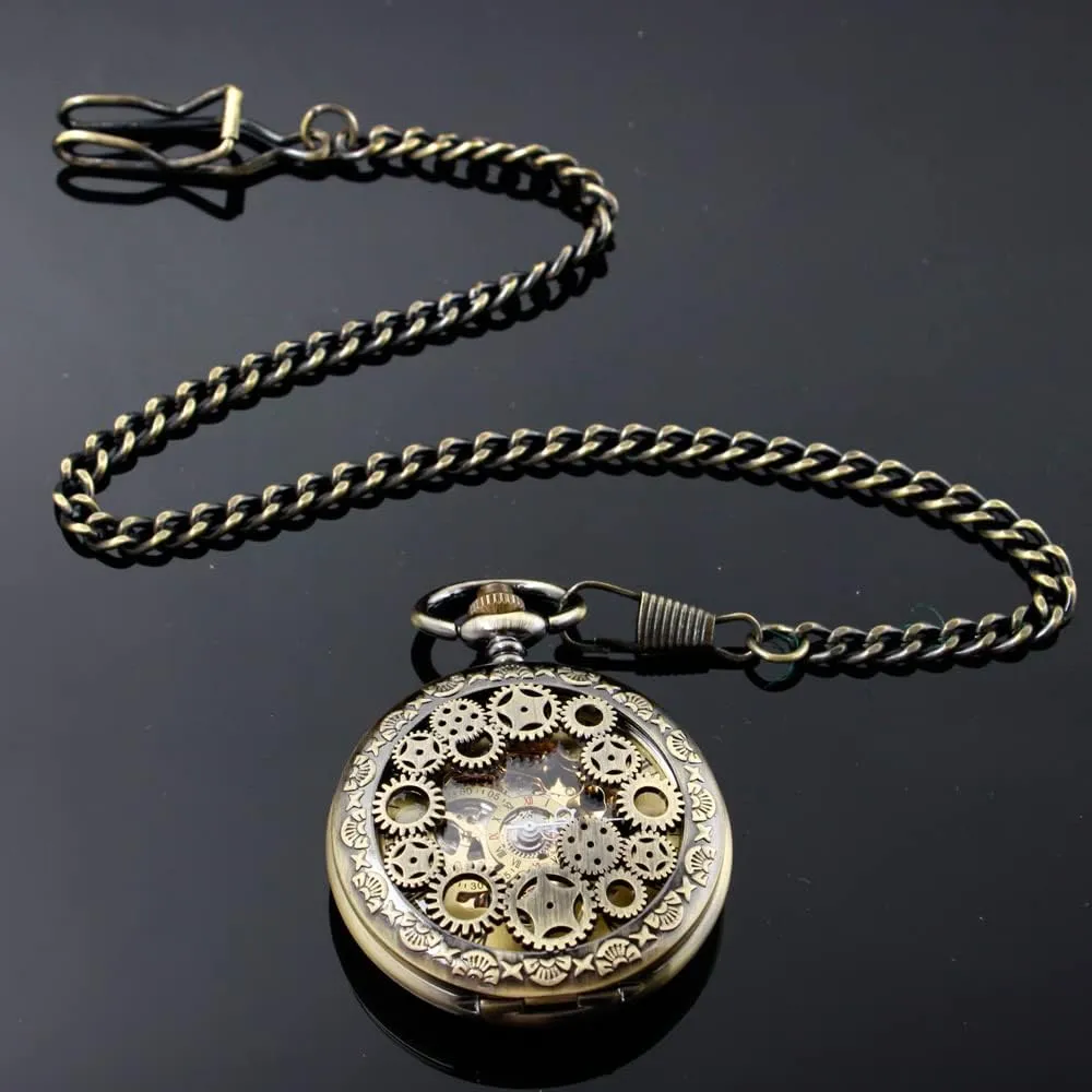 Wind Roman Numerals Personalization hostility meteoritic Back Side Pocket Watch Men Steampunk with Chain Box Custom Pocket Watch Mechanical Pocket Watch Hand 