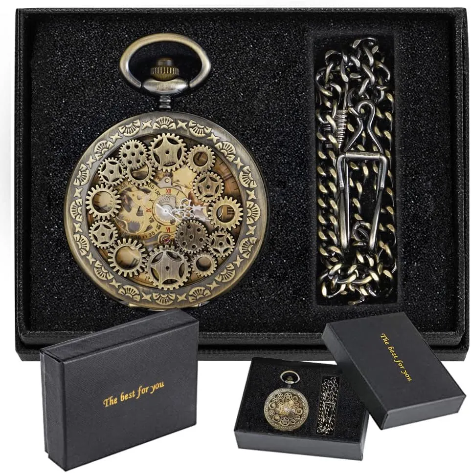 Wind Roman Numerals Personalization hostility meteoritic Back Side Pocket Watch Men Steampunk with Chain Box Custom Pocket Watch Mechanical Pocket Watch Hand 