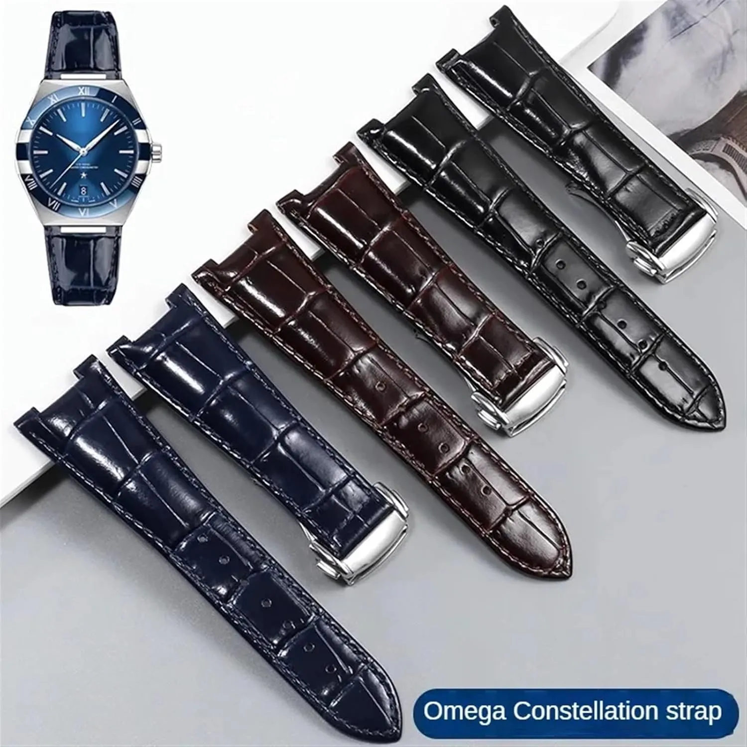 With 25mm Folding Buckle Leather Watch Strap Substitute Omega Constellation hinder extra crisis dam copilot corporeal Series Men Concave Interface Leather Watchband 