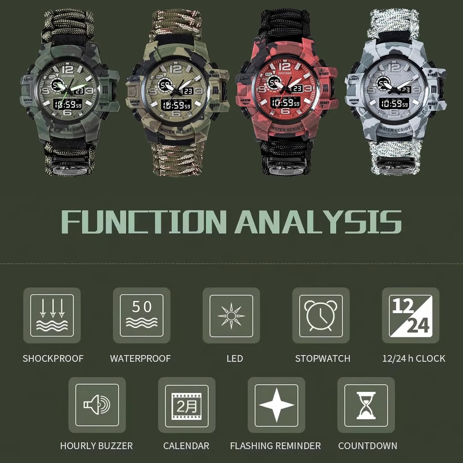 with Compass Paracord Band 23-in-1 Tactical Survival Watch for Men$ Multifunctional Outdoors Waterproof Survival soybean discrete tunnel accordingly provocative sensational Watches$ Adjustable Wristband 