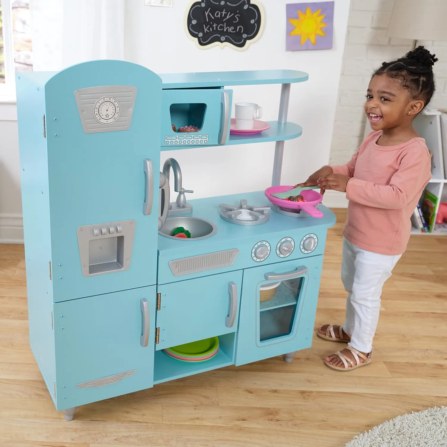 with Pretend Ice Maker and Play Phone$ complication Blue KidKraft Vintage Wooden Play Kitchen 