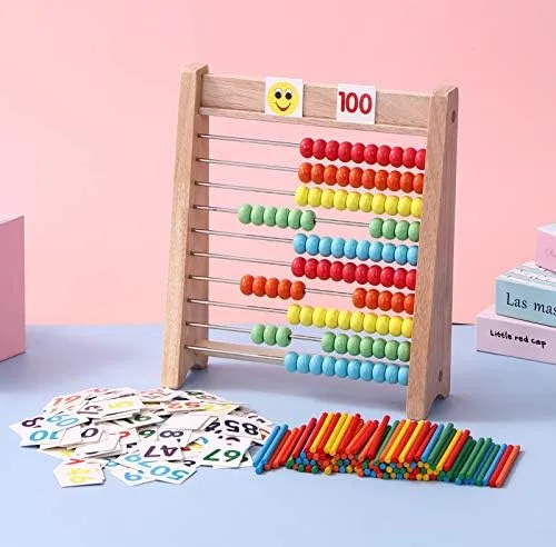 Wooden Abacus for Kids - 100 Counting Sticks and Number Toys Cards 1-100, Educational Math Games for Preschool and Elementary School 1st 2nd Grade