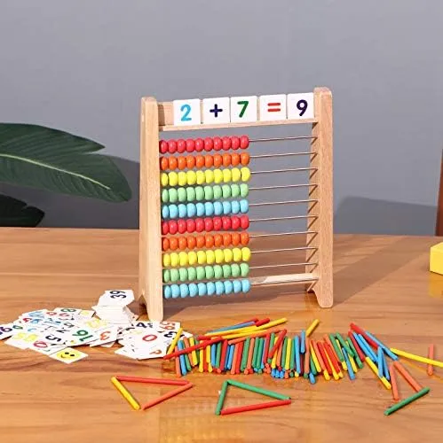 Wooden Abacus for Kids - 100 Counting Sticks and Number Toys Cards 1-100, Educational Math Games for Preschool and Elementary School 1st 2nd Grade