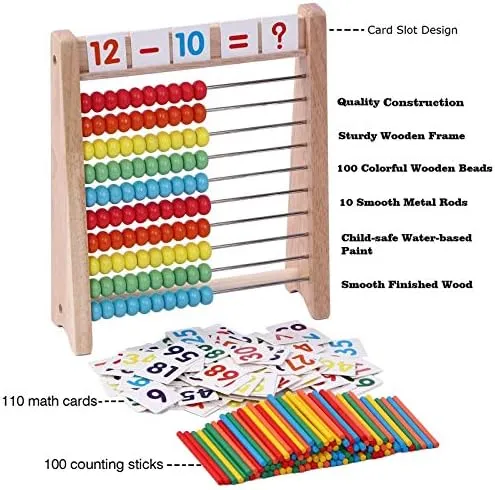 Wooden Abacus for Kids - 100 Counting Sticks and Number Toys Cards 1-100, Educational Math Games for Preschool and Elementary School 1st 2nd Grade