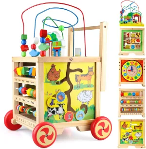 Wooden Activity Cube Baby Push Walker Activity Center for 1 Year Old Boy Girl Gifts Toys with Bead Maze Clocks Shape Sorter Abacus 6 in 1 Educational Toys for Toddlers First Birthday Gifts