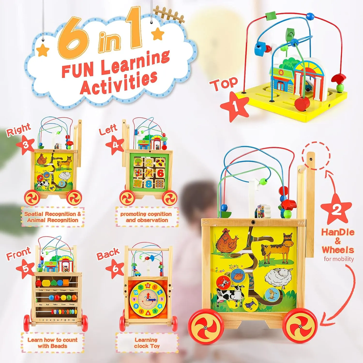 Wooden Activity Cube Baby Push Walker Activity Center for 1 Year Old Boy Girl Gifts Toys with Bead Maze Clocks Shape Sorter Abacus 6 in 1 Educational Toys for Toddlers First Birthday Gifts