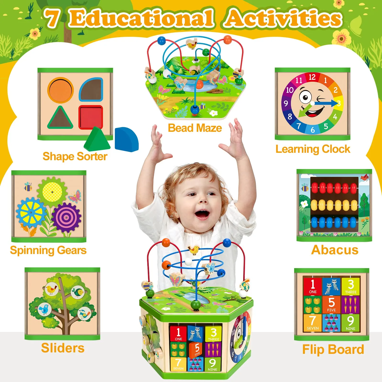 Wooden Activity Cube for 1 Year old, 12-18 Month Boys & Girls, 7-in-1 STEM Montessori Early Developmental Learning Toys for Kids Aged 1-2, Ideal 1st Birthday Gift Toys for Baby, Toddlers (Green)