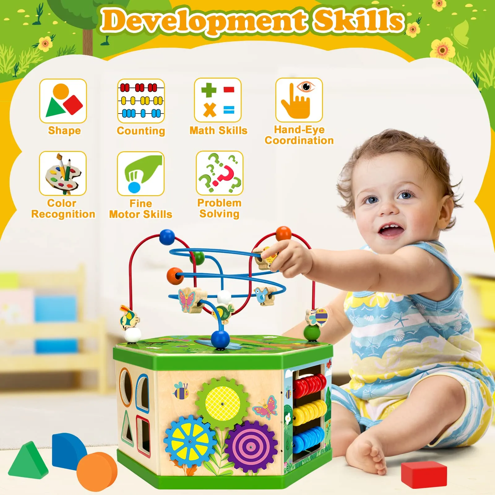 Wooden Activity Cube for 1 Year old, 12-18 Month Boys & Girls, 7-in-1 STEM Montessori Early Developmental Learning Toys for Kids Aged 1-2, Ideal 1st Birthday Gift Toys for Baby, Toddlers (Green)