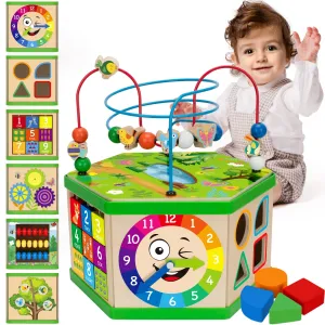 Wooden Activity Cube for 1 Year old, 12-18 Month Boys & Girls, 7-in-1 STEM Montessori Early Developmental Learning Toys for Kids Aged 1-2, Ideal 1st Birthday Gift Toys for Baby, Toddlers (Green)