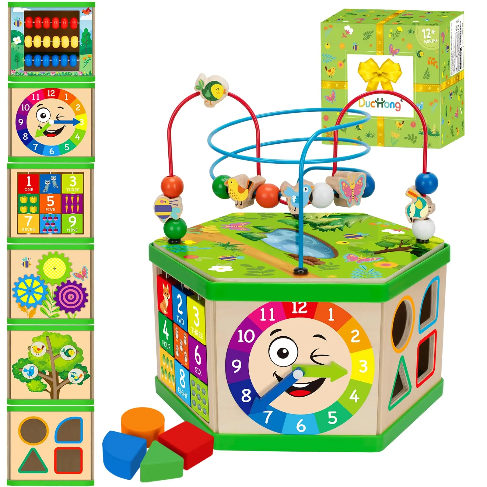 Wooden Activity Cube for 1 Year old, 12-18 Month Boys & Girls, 7-in-1 STEM Montessori Early Developmental Learning Toys for Kids Aged 1-2, Ideal 1st Birthday Gift Toys for Baby, Toddlers (Green)