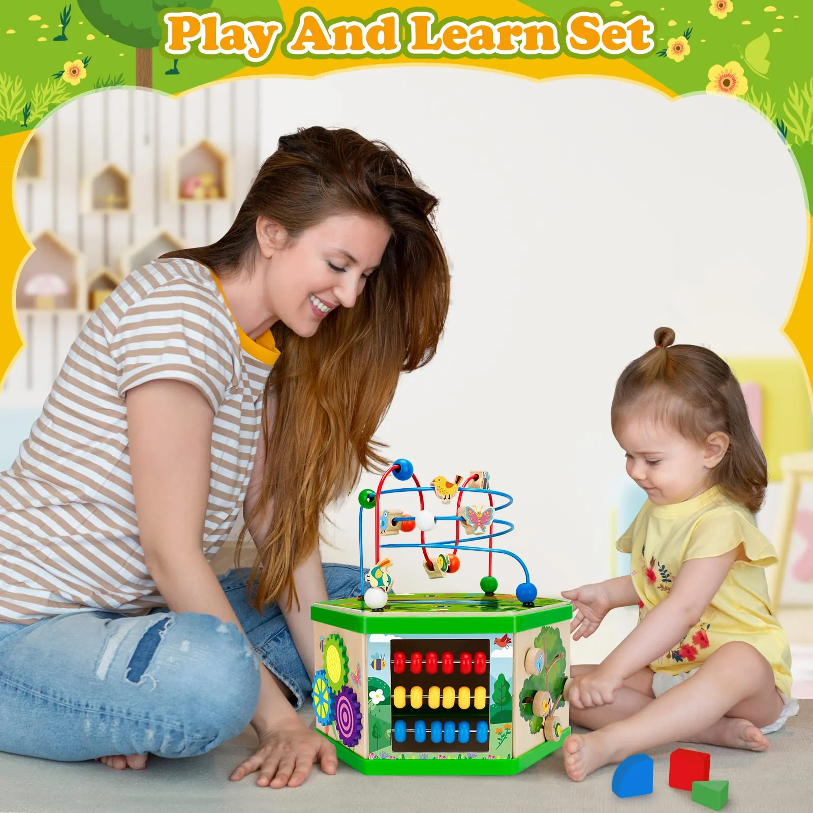 Wooden Activity Cube for 1 Year old, 12-18 Month Boys & Girls, 7-in-1 STEM Montessori Early Developmental Learning Toys for Kids Aged 1-2, Ideal 1st Birthday Gift Toys for Baby, Toddlers (Green)
