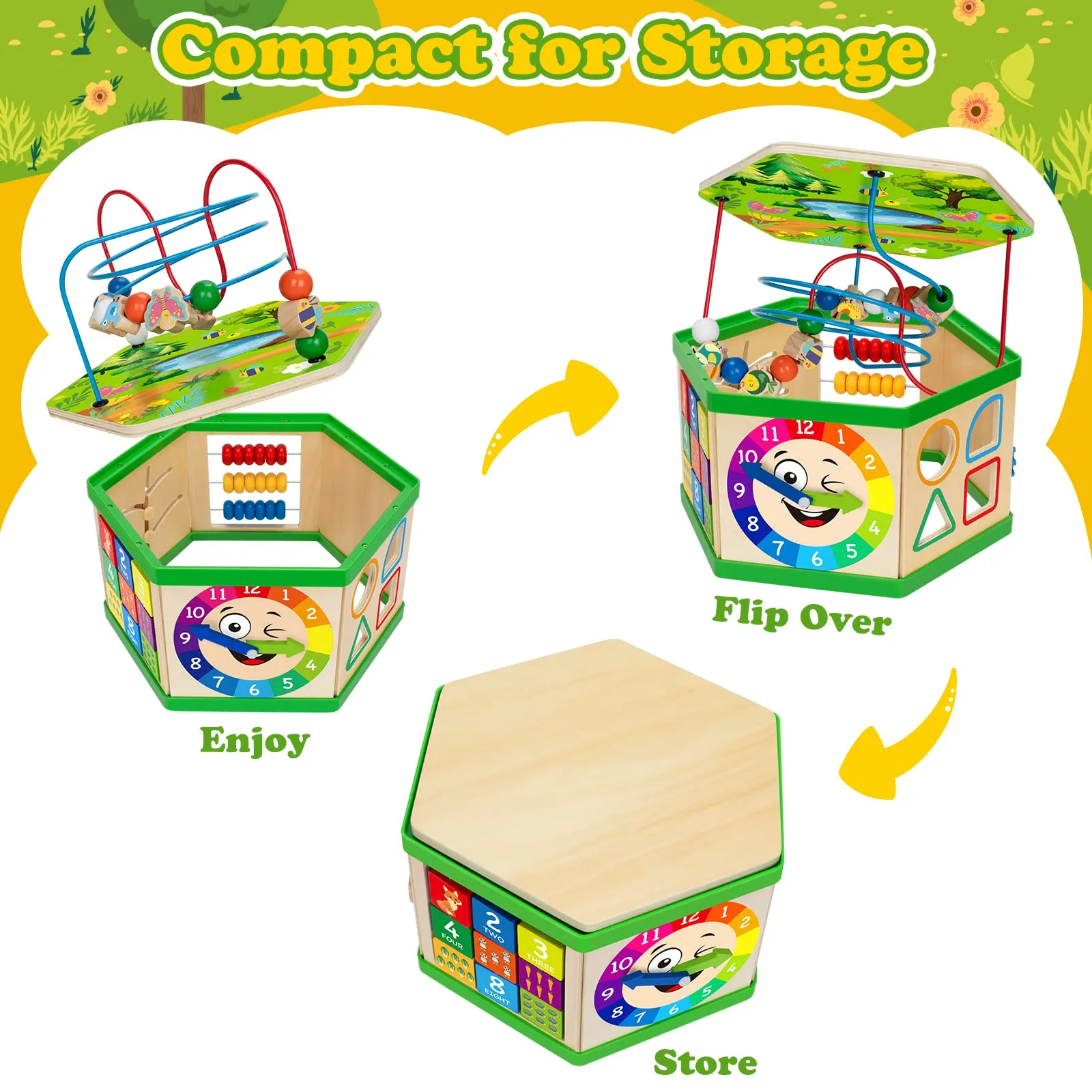 Wooden Activity Cube for 1 Year old, 12-18 Month Boys & Girls, 7-in-1 STEM Montessori Early Developmental Learning Toys for Kids Aged 1-2, Ideal 1st Birthday Gift Toys for Baby, Toddlers (Green)