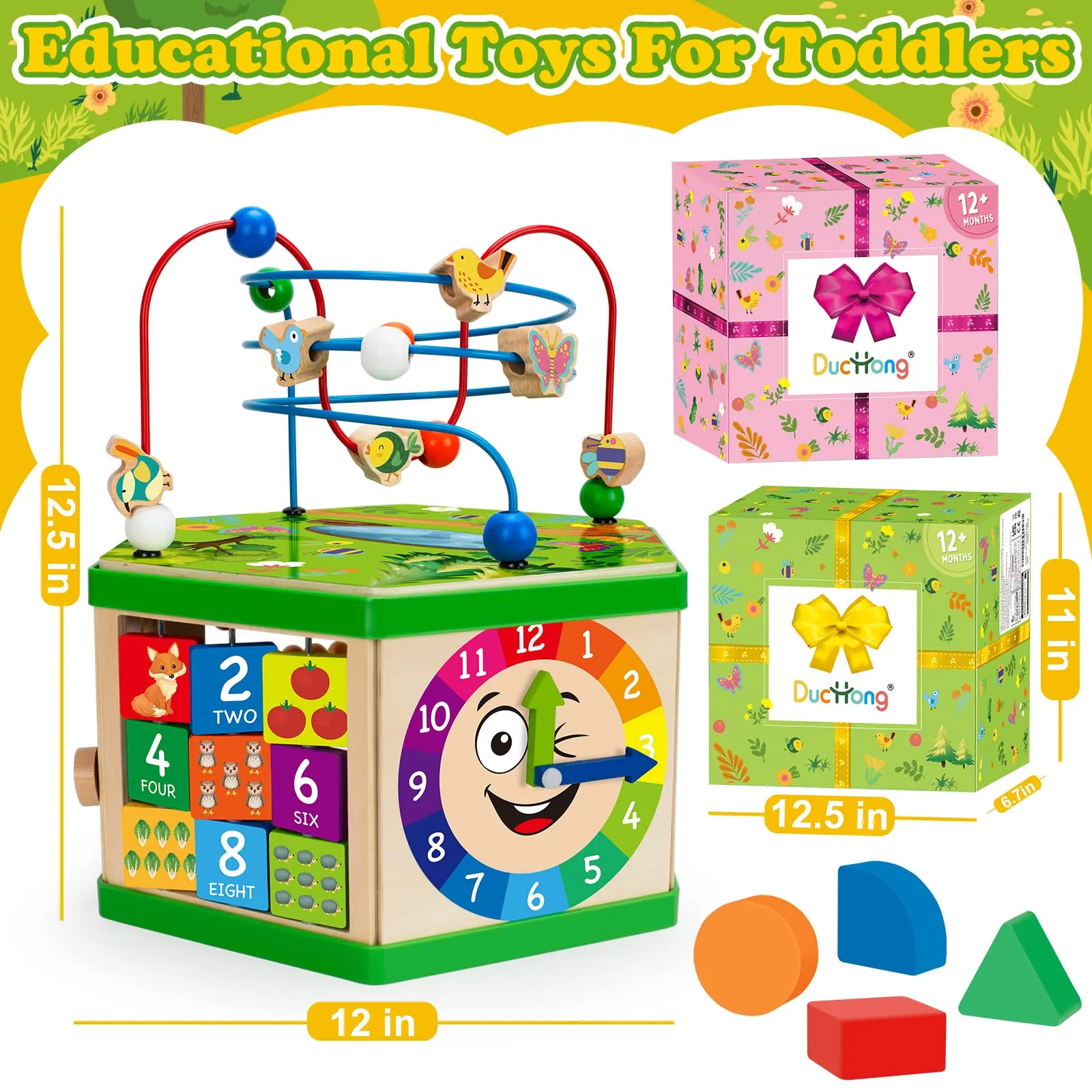 Wooden Activity Cube for 1 Year old, 12-18 Month Boys & Girls, 7-in-1 STEM Montessori Early Developmental Learning Toys for Kids Aged 1-2, Ideal 1st Birthday Gift Toys for Baby, Toddlers (Green)